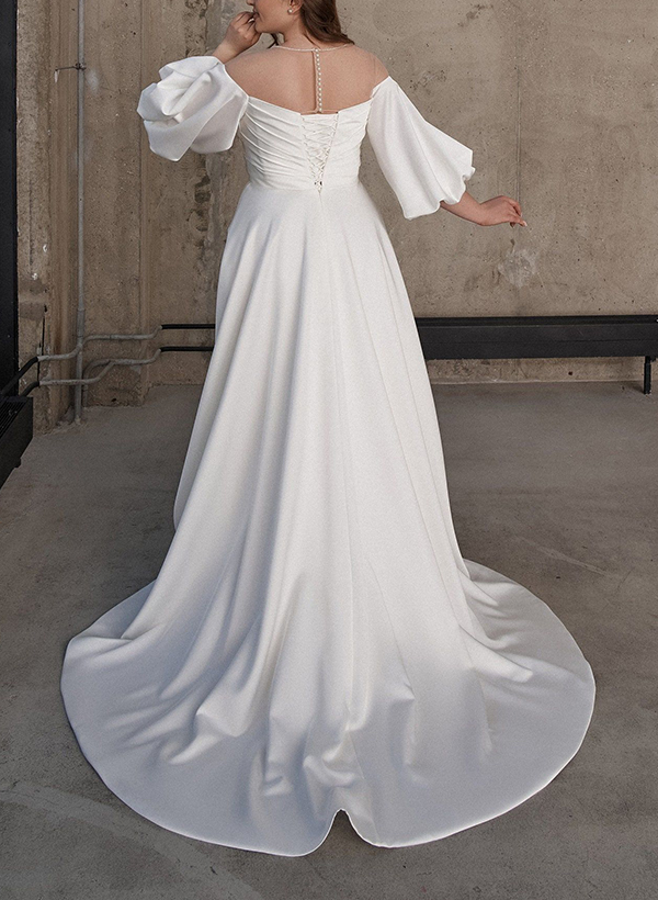 A-Line Illusion Neck 1/2 Sleeves Sweep Train Satin Wedding Dresses