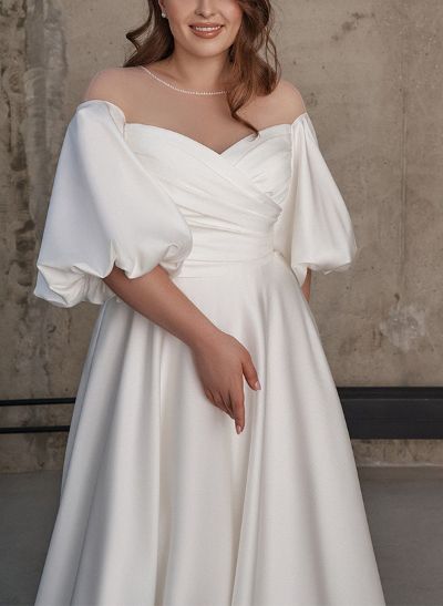 A-Line Illusion Neck 1/2 Sleeves Sweep Train Satin Wedding Dresses