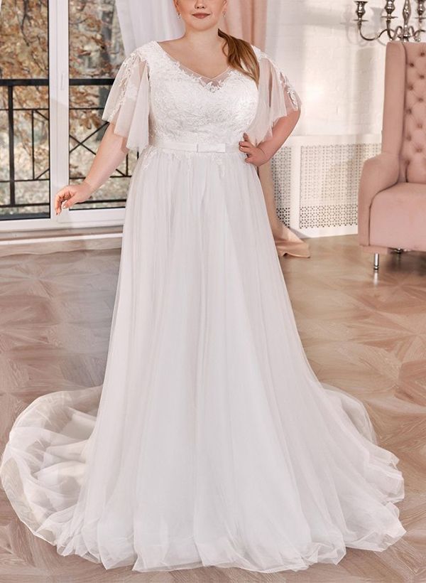 A-Line V-Neck Short Sleeves Sweep Train Lace/Tulle Wedding Dresses