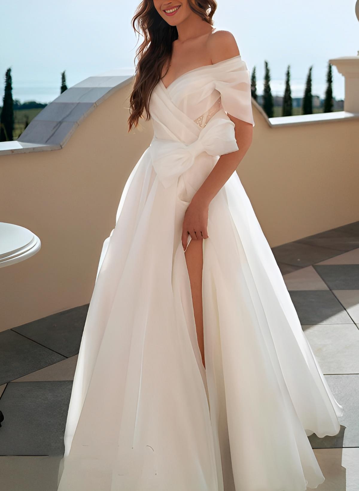A-Line Off-The-Shoulder Sleeveless Sweep Train Tulle Wedding Dresses With Split Front