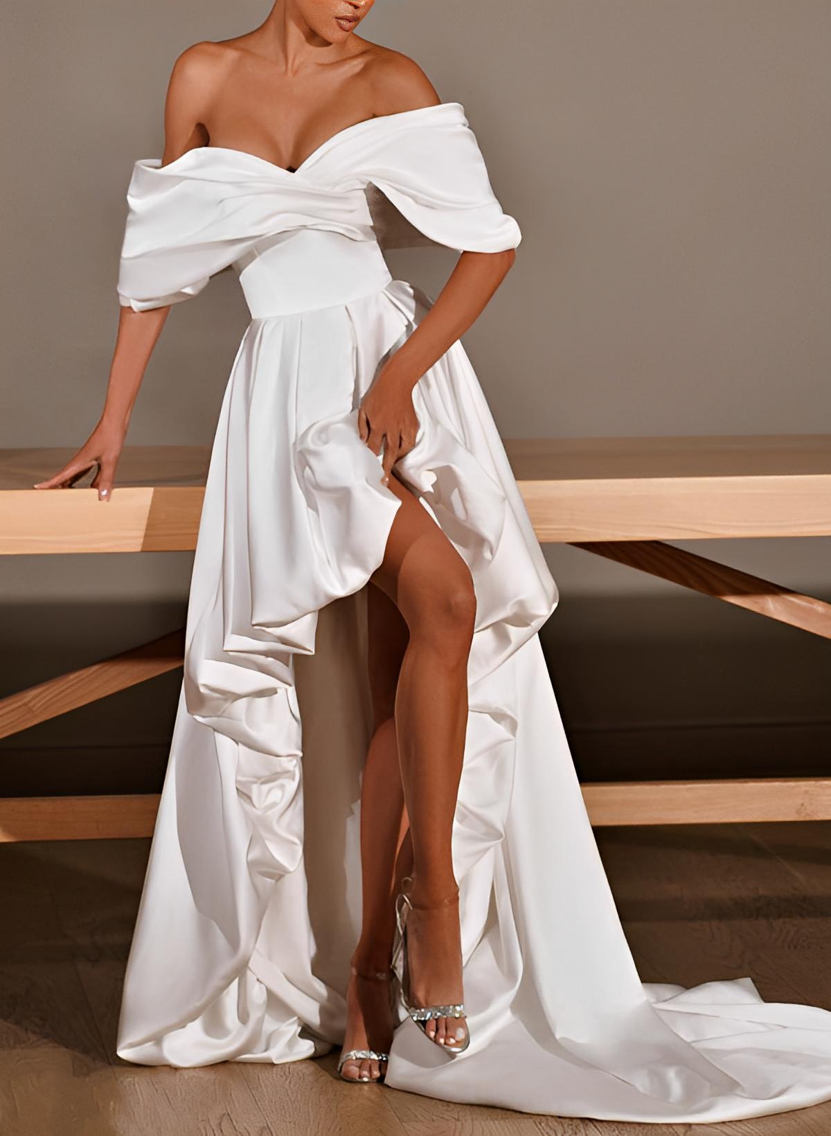 A-Line Off-The-Shoulder Long Sleeves Asymmetrical Charmeuse Wedding Dresses