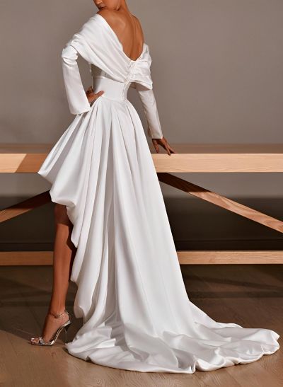 A-Line Off-The-Shoulder Long Sleeves Asymmetrical Charmeuse Wedding Dresses