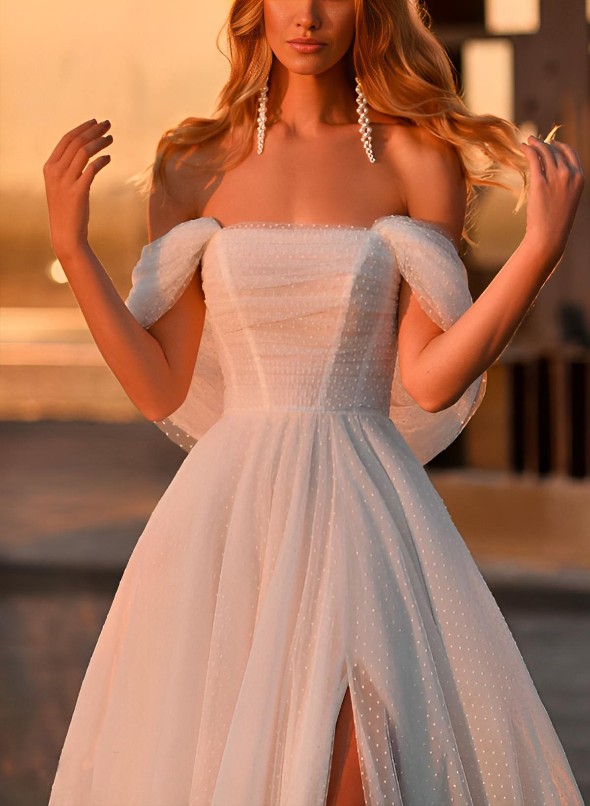 A-Line Off-The-Shoulder Sleeveless Sweep Train Tulle Wedding Dresses With Split Front
