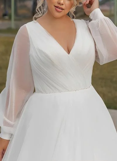 Plus Size A-Line V-Neck Long Sleeves Sweep Train Chiffon Wedding Dresses