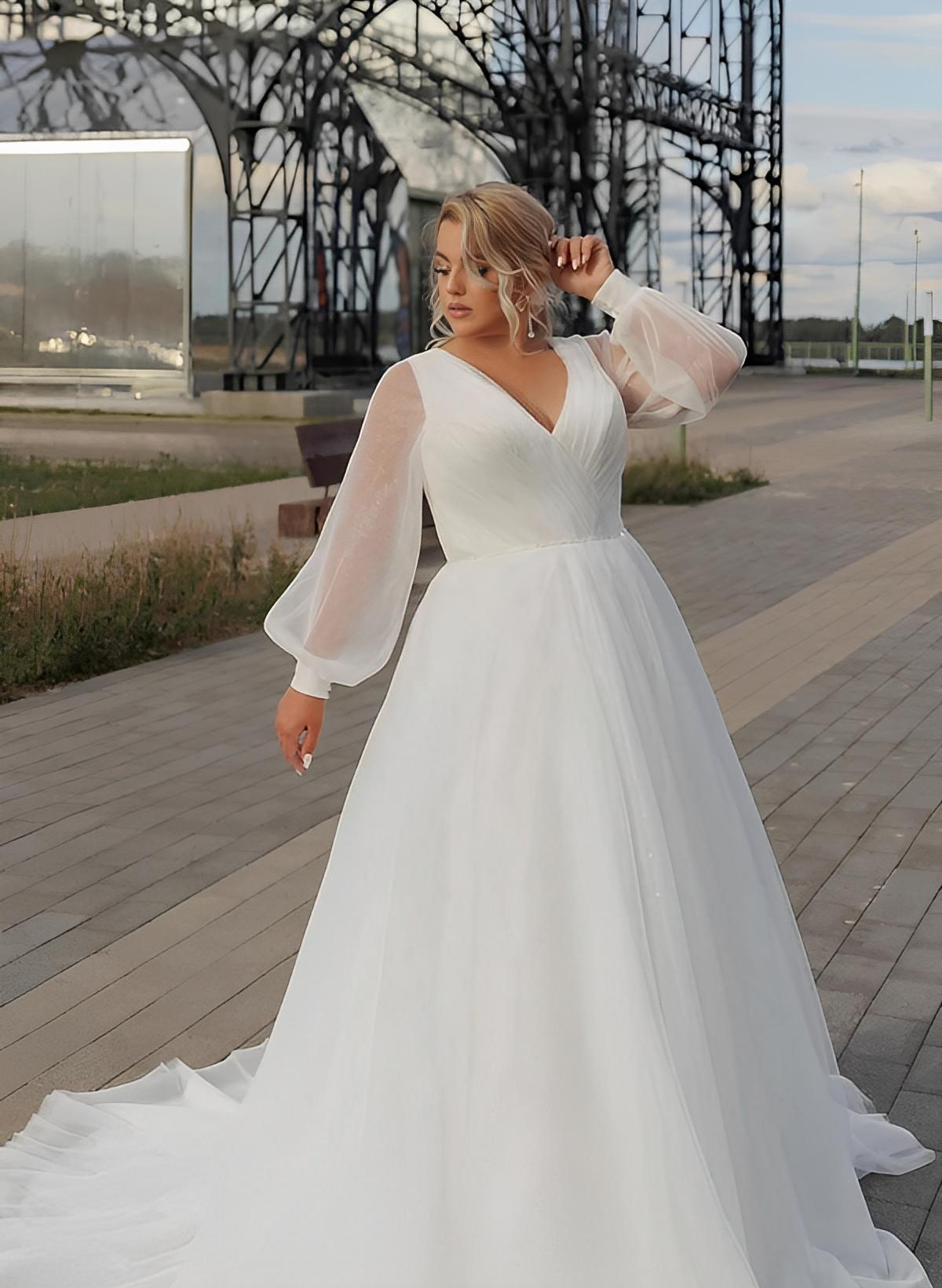 Plus Size A-Line V-Neck Long Sleeves Sweep Train Chiffon Wedding Dresses