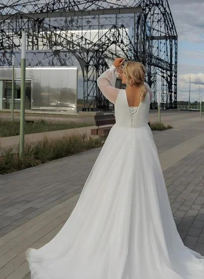 Plus Size A-Line V-Neck Long Sleeves Sweep Train Chiffon Wedding Dresses