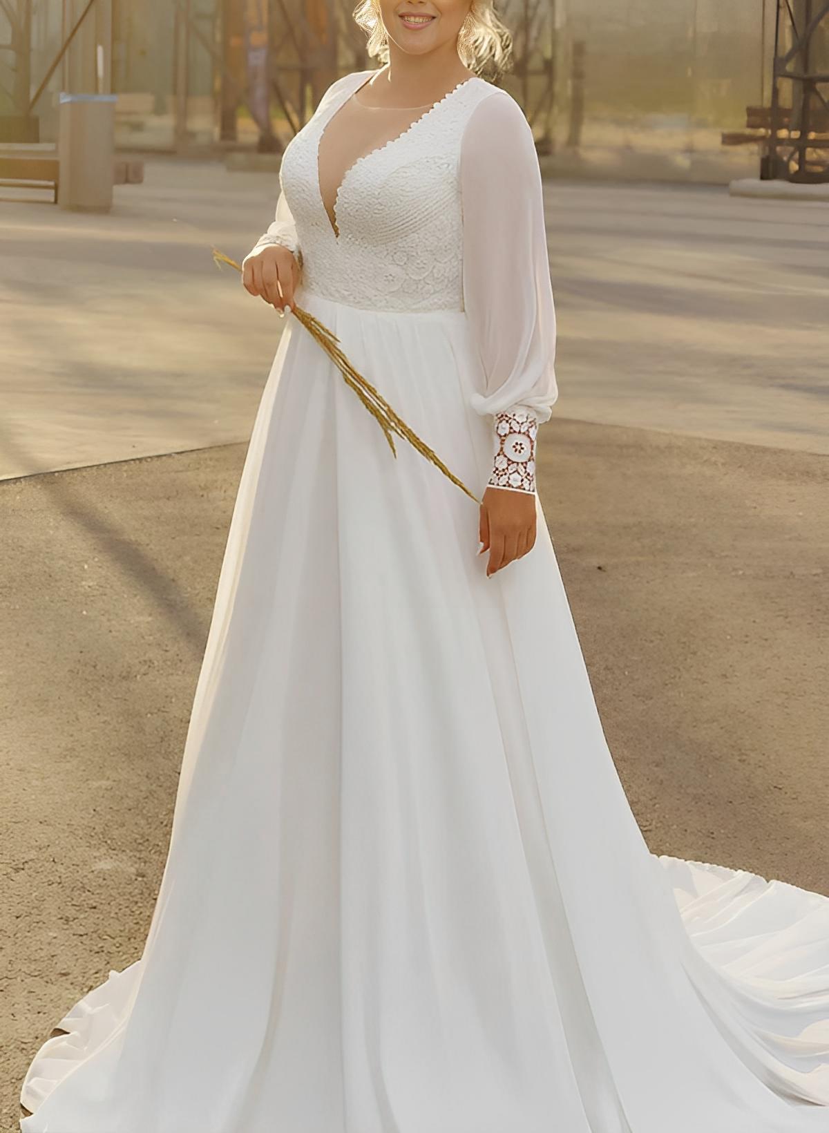 Plus Size Illusion Neck Long Sleeves Sweep Train Chiffon/Lace Wedding Dresses