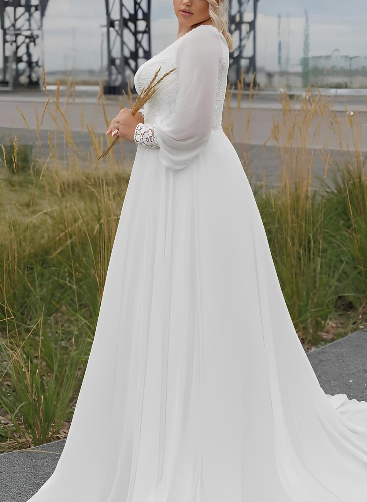 Plus Size Illusion Neck Long Sleeves Sweep Train Chiffon/Lace Wedding Dresses