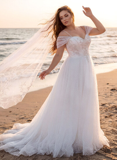 Plus Size A-Line Sweetheart Sleeveless Sweep Train Lace Wedding Dresses