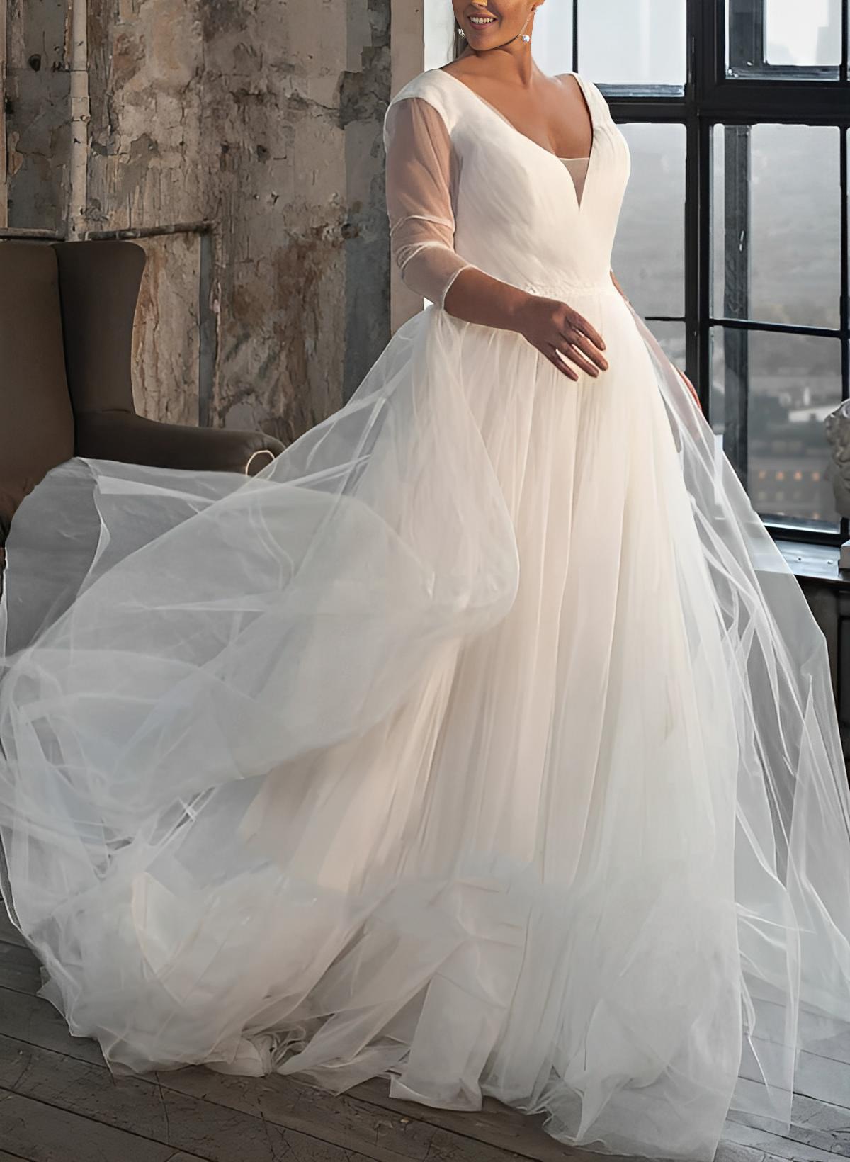 Plus Size A-Line V-Neck Long Sleeves Sweep Train Tulle Wedding Dresses