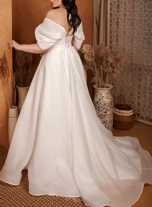 Plus Size A-Line Sweetheart Sleeveless Sweep Train Tulle Wedding Dresses
