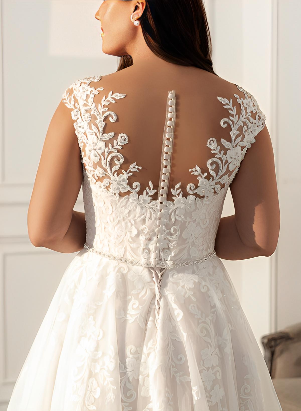 Plus Size A-Line Illusion Neck Sleeveless Sweep Train Lace Wedding Dresses