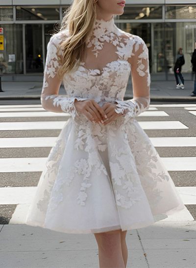 Little White A-Line Illusion Neck Long Sleeves Lace Wedding Dresses