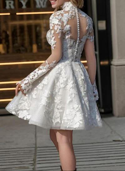 Dreamy Little White A-Line High Illusion Neck Long Sleeves Lace Wedding Dresses