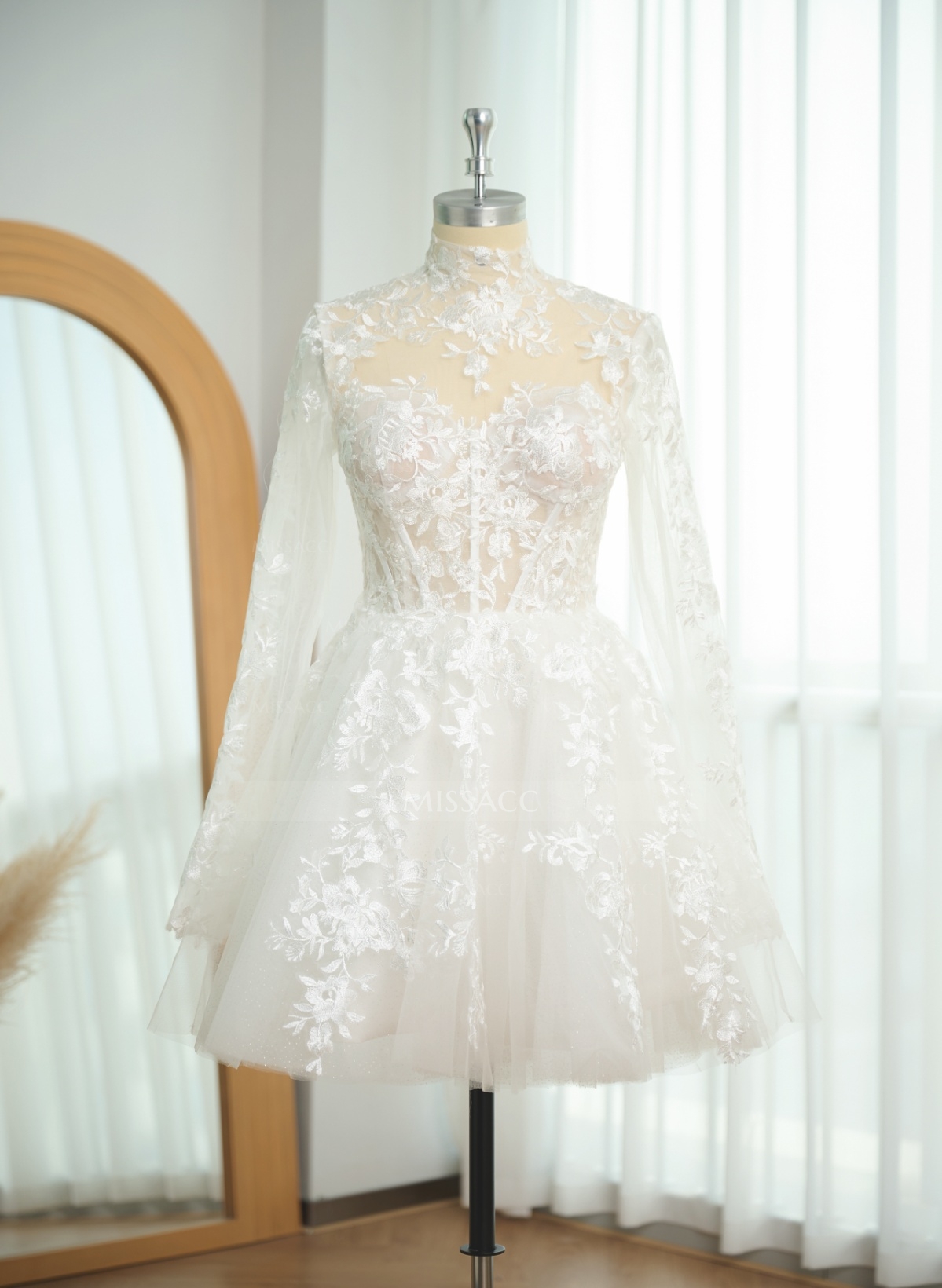 Dreamy Little White A-Line High Illusion Neck Long Sleeves Lace Wedding Dresses