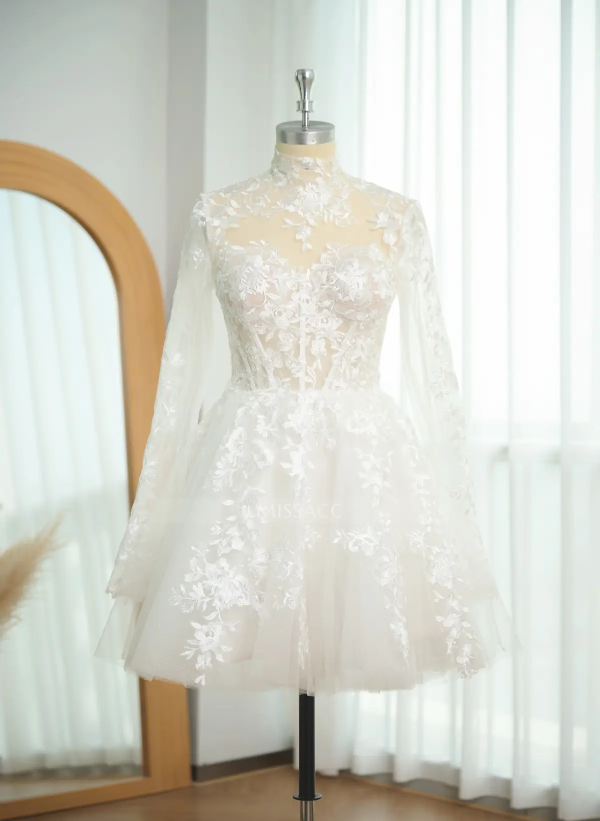 Missacc Ivory Bride Dreamy Little White A-Line High Illusion Neck Long Sleeves Lace Wedding Dresses