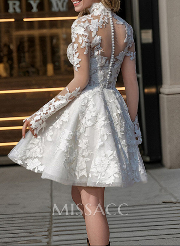 Dreamy Little White A-Line High Illusion Neck Long Sleeves Lace Wedding Dresses