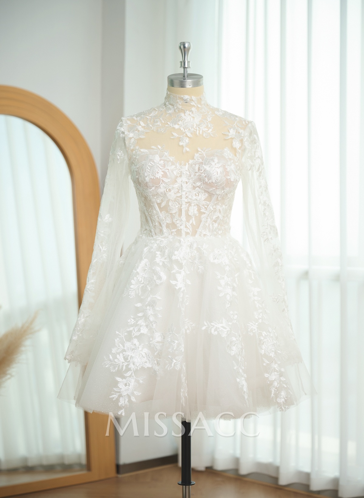 Dreamy Little White A-Line High Illusion Neck Long Sleeves Lace Wedding Dresses