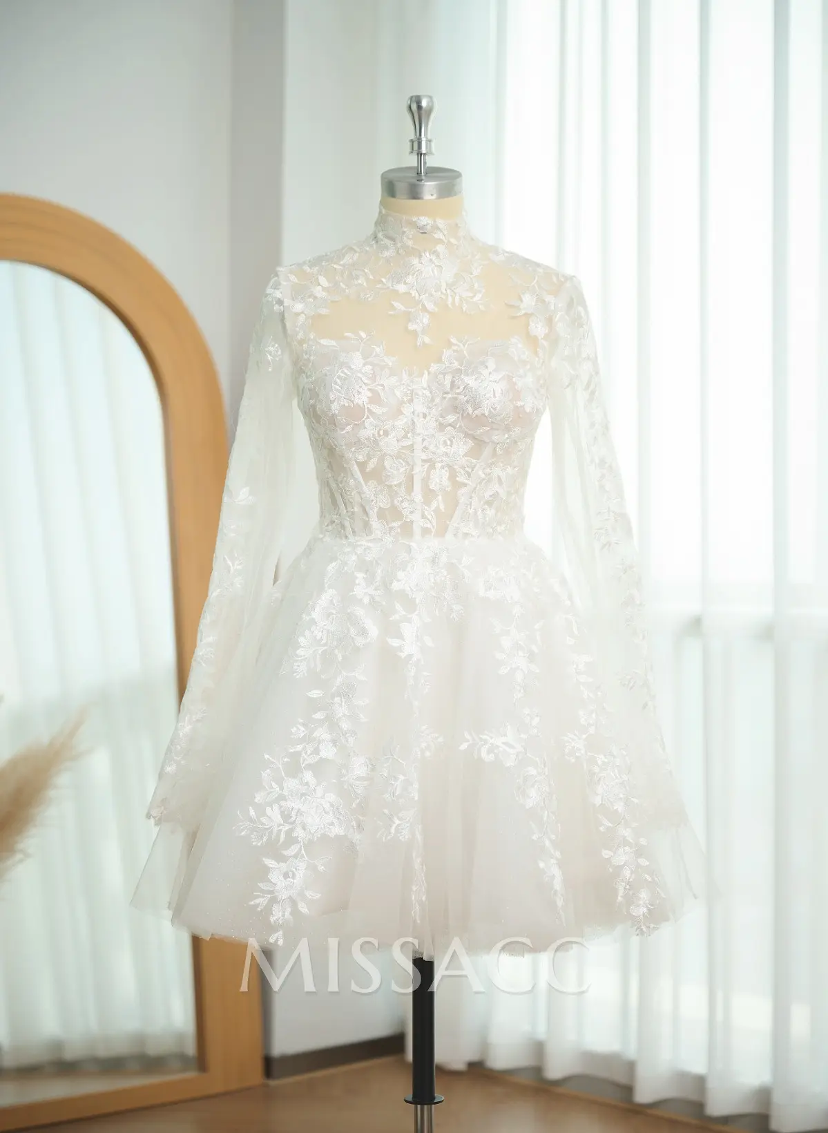 Dreamy Little White A-Line High Illusion Neck Long Sleeves Lace Wedding  Dresses - Missacc