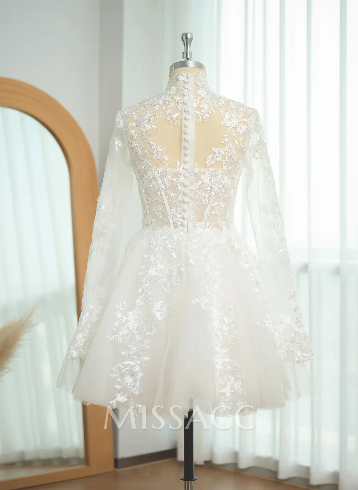Dreamy Little White A-Line High Illusion Neck Long Sleeves Lace Wedding Dresses - Missacc Dreamy Little White A-Line High Illusion Neck Long Sleeves Lace Wedding Dresses - Missacc
