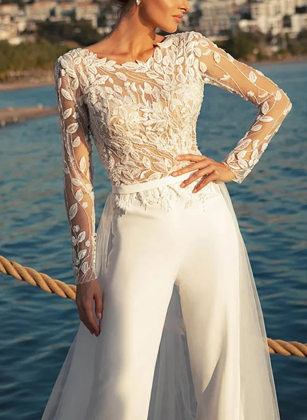Missacc Ivory Bride Illusion Neck Long Sleeves Sweep Train Lace Wedding Jumpsuit