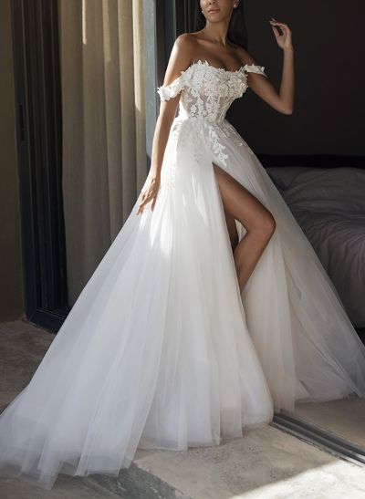A-Line Off-The-Shoulder Lace/Tulle Wedding Dresses With Split Front