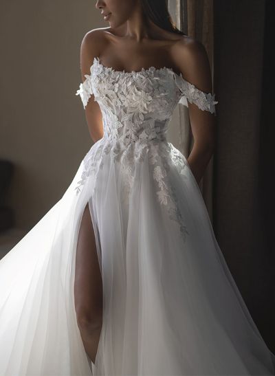 A-Line Off-The-Shoulder Lace/Tulle Wedding Dresses With Split Front