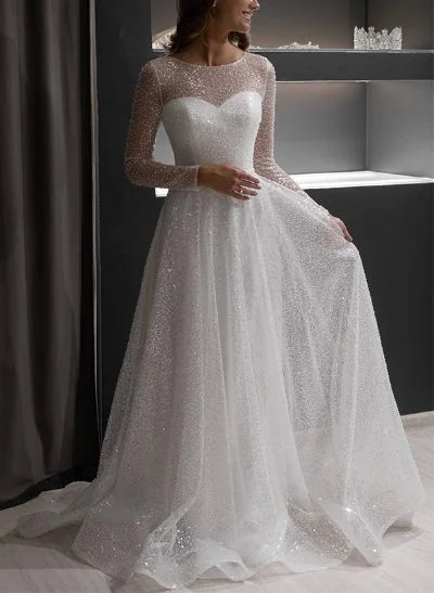 A-Line Illusion Neck Long Sleeves Sweep Train Sequined Wedding Dresses
