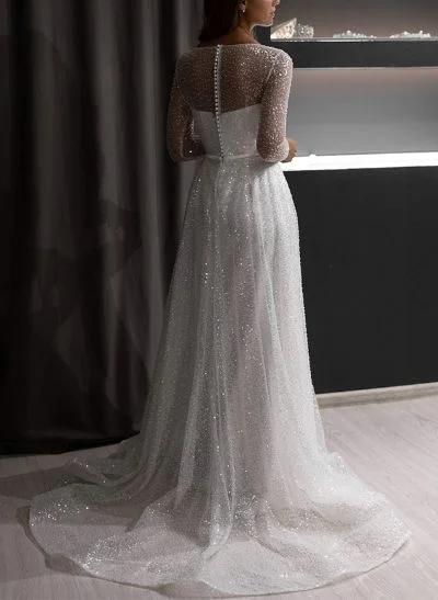 A-Line Illusion Neck Long Sleeves Sweep Train Sequined Wedding Dresses