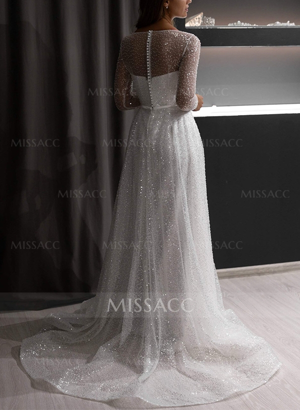 A-Line Illusion Neck Long Sleeves Sweep Train Sequined Wedding Dresses