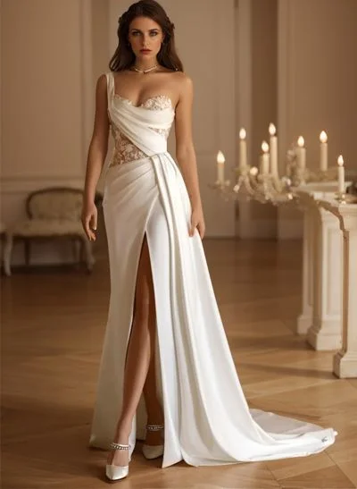 Exquisite Ruched One-Shoulder Illusion Corset Wedding Dresses With 3D Floral