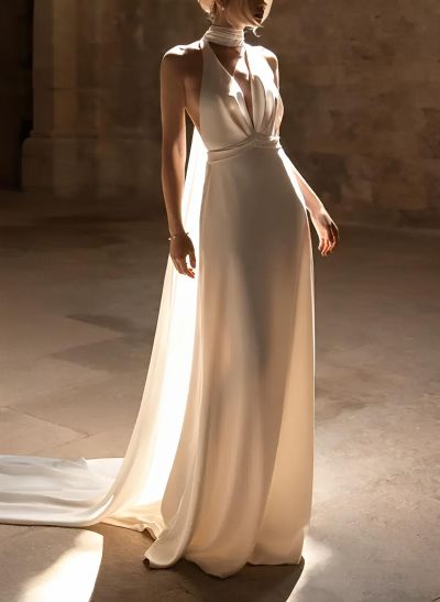 Beach/Boho Halter Sleeveless Sweep Train Silk Like Satin Wedding Dresses