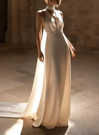 Beach/Boho Halter Sleeveless Sweep Train Silk Like Satin Wedding Dresses
