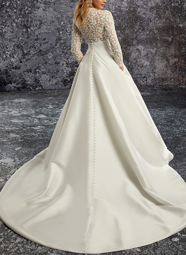 A-Line Long Sleeves Court Train Lace/Satin Wedding Dresses With Pockets