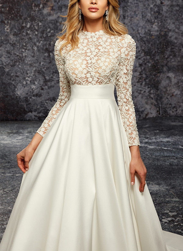 A-Line Long Sleeves Court Train Lace/Satin Wedding Dresses With Pockets