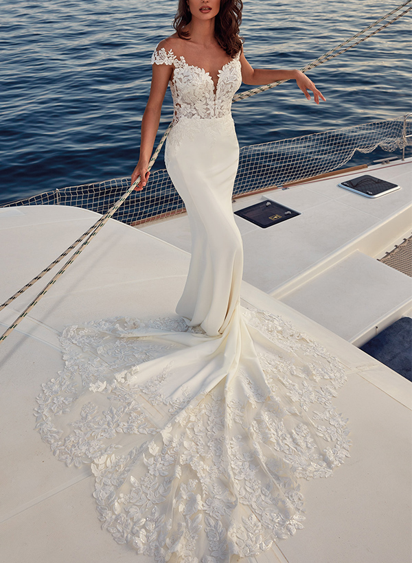 Trumpet/Mermaid Off-The-Shoulder Lace/Elastic Satin Wedding Dresses