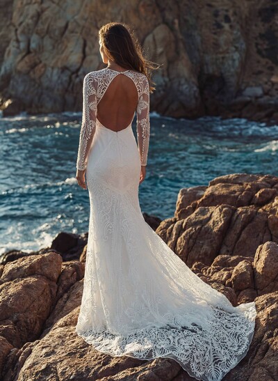Boho/Beach Illusion Neck Long Sleeves Sweep Train Lace Wedding Dresses