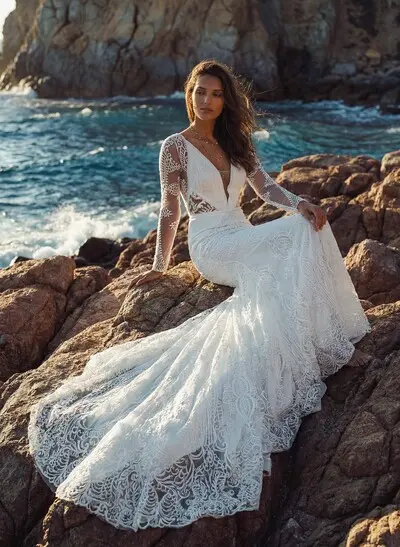 Boho/Beach Illusion Neck Long Sleeves Sweep Train Lace Wedding Dresses