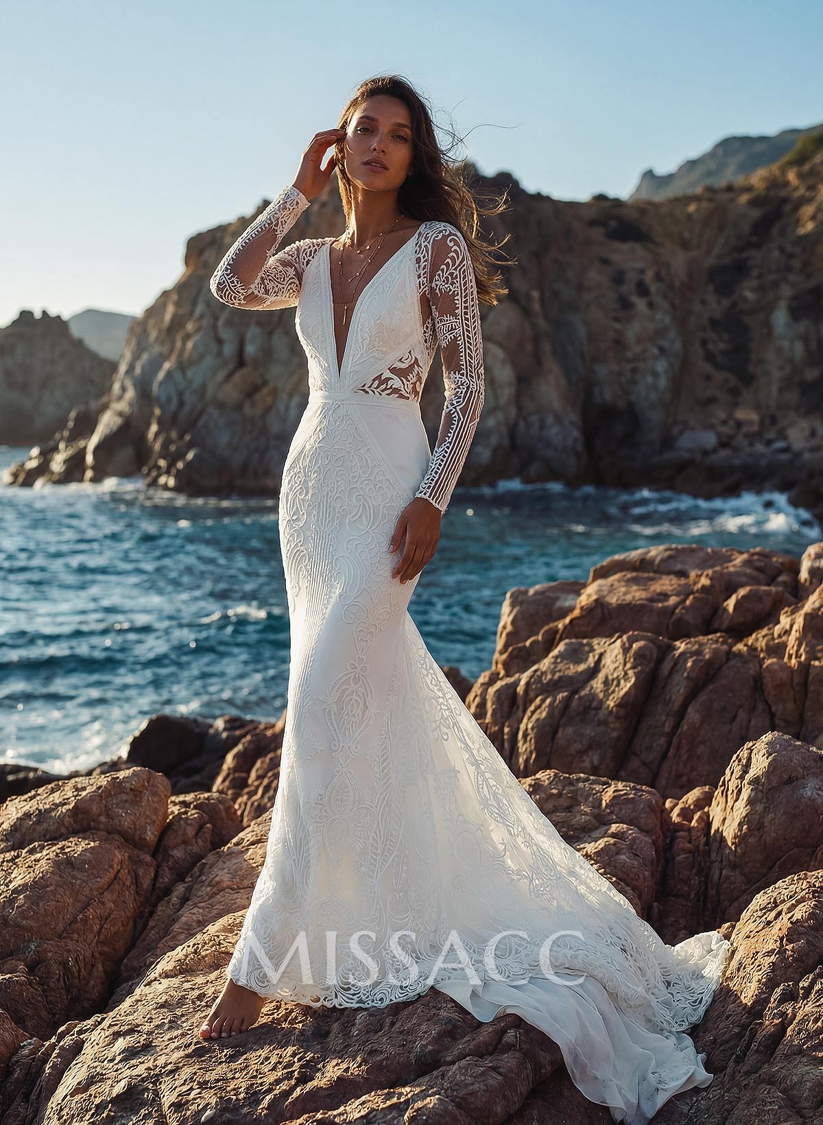 Boho/Beach Illusion Neck Long Sleeves Sweep Train Lace Wedding Dresses