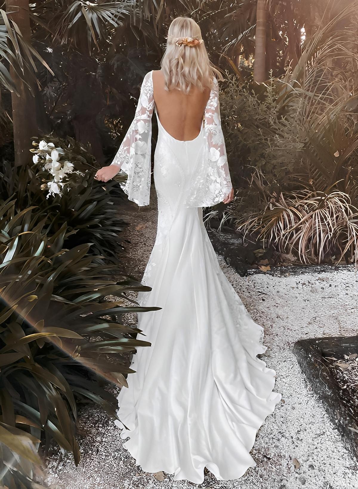 Beach/Boho V-Neck Long Sleeves Court Train Lace Wedding Dresses