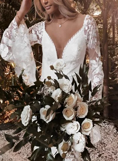 Beach/Boho V-Neck Long Sleeves Court Train Lace Wedding Dresses