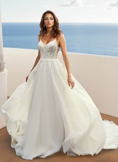 Lace A-Line Organza Open Back Wedding Dresses