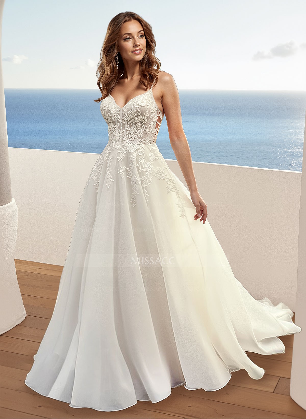 Lace A-Line Organza Open Back Wedding Dresses