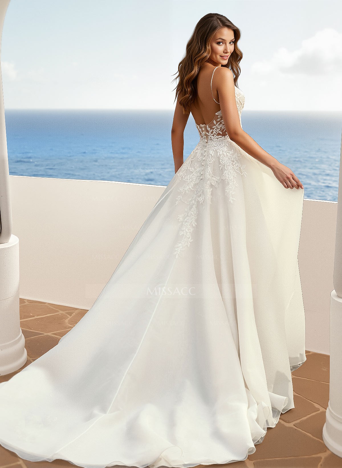 Lace A-Line Organza Open Back Wedding Dresses