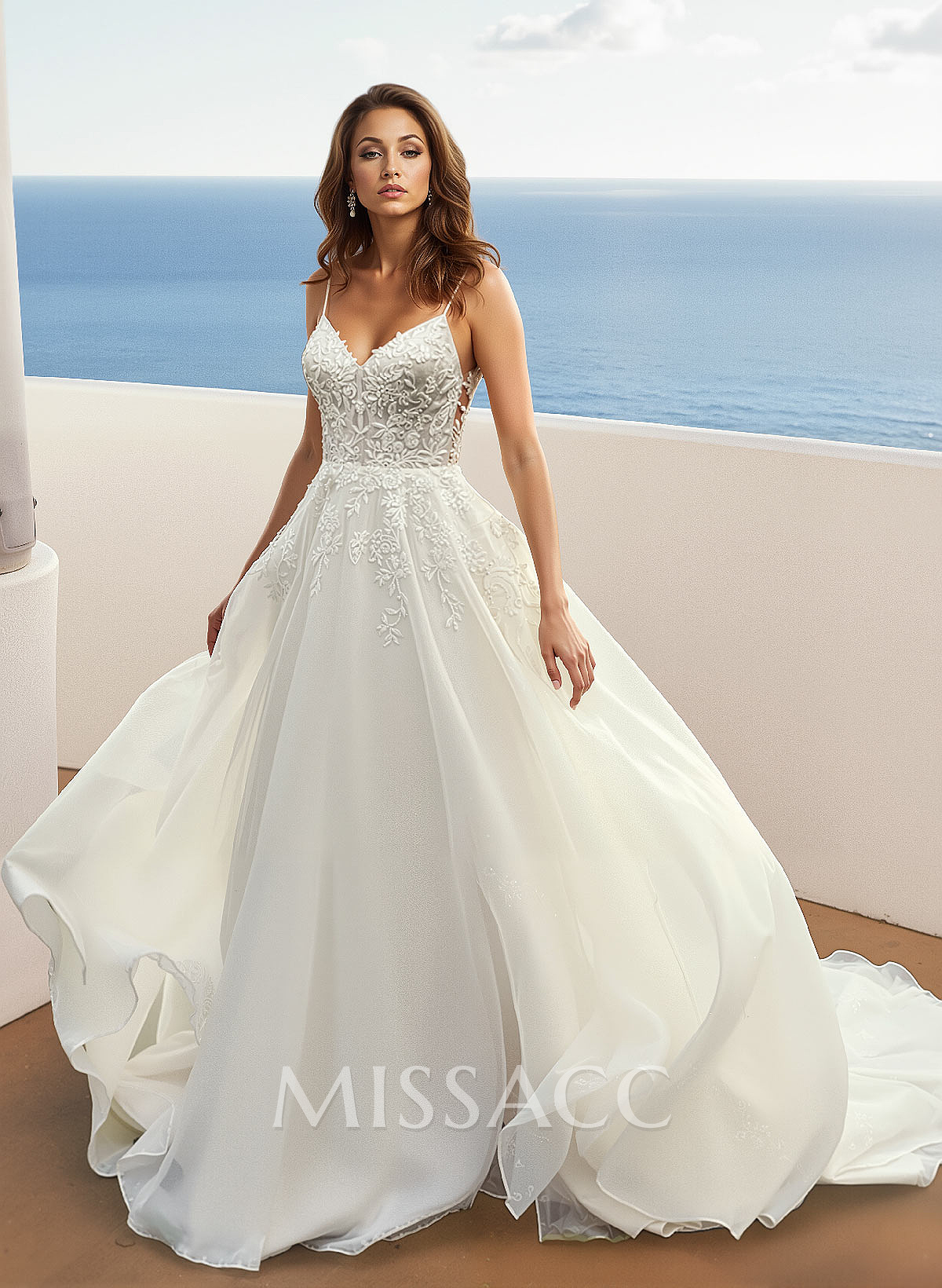 Lace A-Line Organza Open Back Wedding Dresses