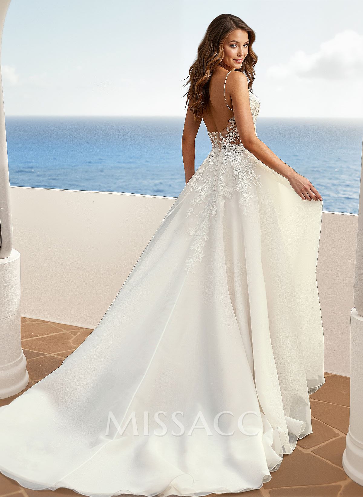 Lace A-Line Organza Open Back Wedding Dresses