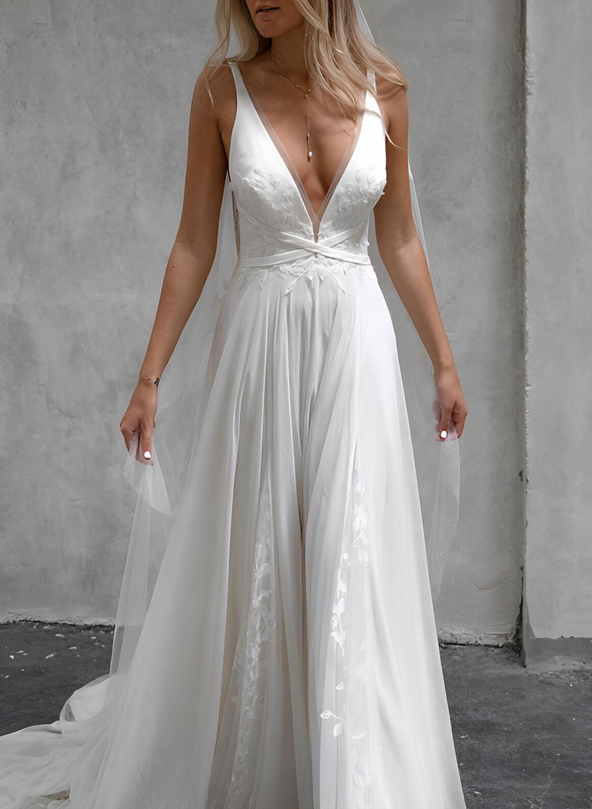 A-Line V-Neck Sleeveless Floor-Length Chiffon/Lace Wedding Dresses With Lace
