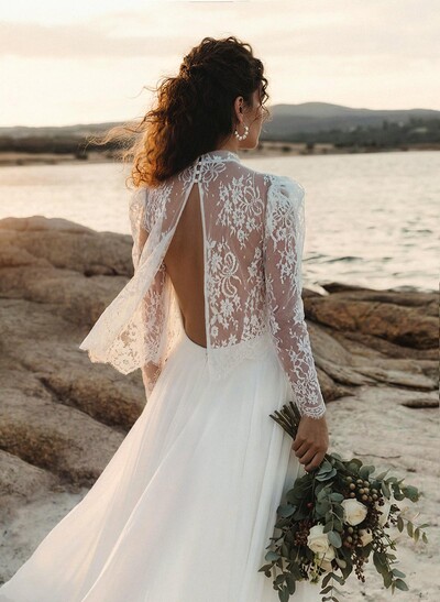 Beach/Boho Long Sleeves Sweep Train Chiffon Wedding Dresses With Lace