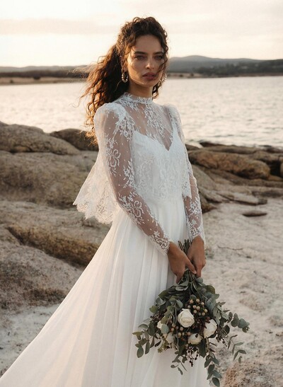 Beach/Boho Long Sleeves Sweep Train Chiffon Wedding Dresses With Lace