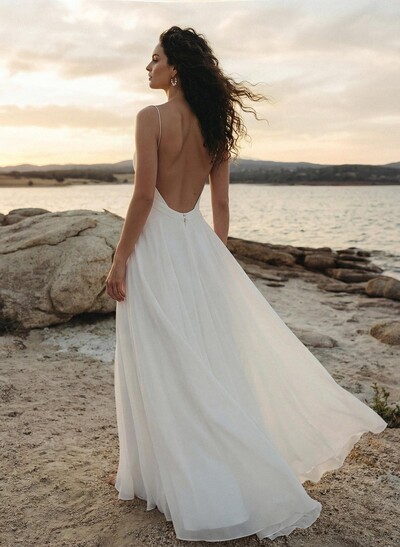 Beach/Boho Long Sleeves Sweep Train Chiffon Wedding Dresses With Lace
